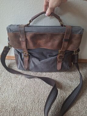 S-ZONE Messenger Bag Gray Canvas Brown Leather Shoulder Laptop Briefcase 13.5x11